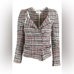 Isabel Marant Black, White & Red Tweed Frayed Hem Blazer